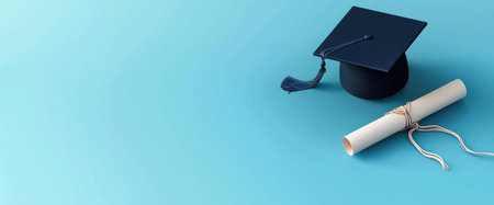Modern minimalist 3D illustration of graduation cap and diploma isolated on soft blue background.の素材