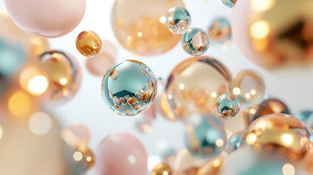 Dreamy futuristic scene featuring floating metallic pastel-colored spheres.の素材