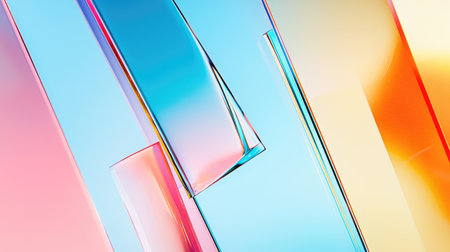A modern abstract composition featuring translucent glass panels with pastel gradients, creating a clean, futuristic aesthetic.の素材
