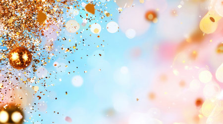 Magical abstract golden glitter particles and festive holiday bokeh background.の素材
