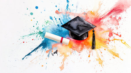 Colorful graduation background featuring a cap, diploma, and watercolor splashes. A.I.の素材