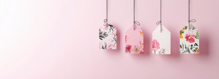 Decorative pink tags adorned with spring blossoms in a photorealistic 3Dの素材