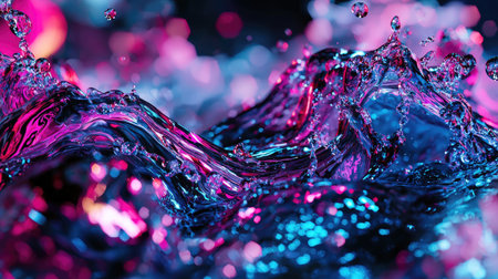 A vivid futuristic liquid composition with flowing metallic surfaces in pink and blue.の素材