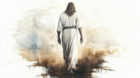 Artistic watercolor of Jesus Christ walking forward in sacred solitude.の素材