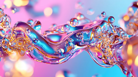Abstract 3D close-up of pastel-colored iridescent water droplets floating.の素材