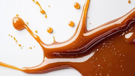 Caramel syrup splashes and drips across a white surface with visible texture and glossy bubbles.の素材