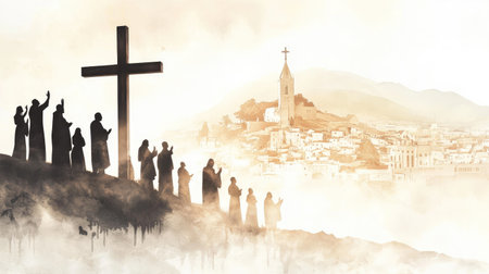 Silhouetted Christian pilgrims worship at a cross during a sunrise hillside pilgrimage near a historic European church.の素材