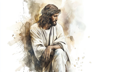 Watercolor-style illustration of Jesus seated in silence wearing crown of thorns.の素材