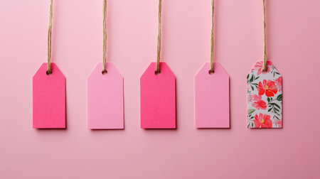 Decorative pink tags adorned with spring blossoms in a photorealistic 3Dの素材