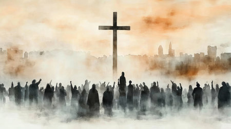 A watercolor-styled depiction of a multiracial worship crowd gathered in praise before a large cross with a city backdrop.の素材