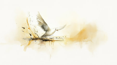 Elegant watercolor depiction of a white dove soaring in peace.の素材