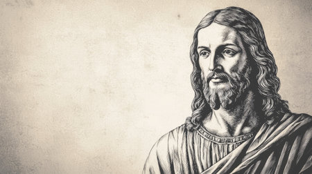 A classic sepia portrait capturing Jesus Christ with a reverent, introspective gaze.の素材