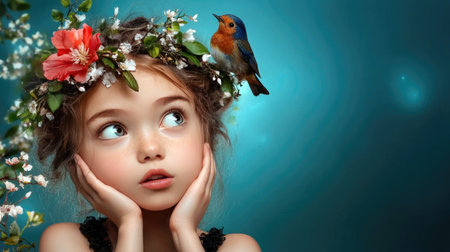 A whimsical portrait of a young girl wearing a flower crown and interacting with a vividly hued bird. A.I.の素材