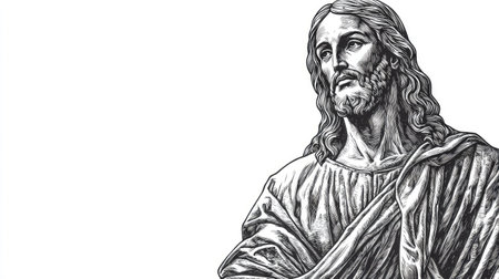 A simple line-drawn representation of Jesus Christ set against a pristine white background.の素材