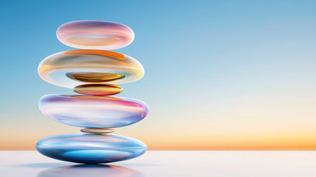 A surreal 3D rendering of iridescent liquid glass stones stacked in perfect balance against a serene pastel sky.の素材