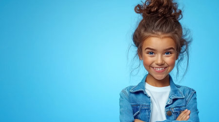 Playful child with curly hair and expressive face making a shrug pose, ideal for e-commerce, sales, or funny promotional content.の素材