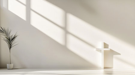 A simple white cross casting a shadow on a clean wall, illuminated by soft divine light, symbolizing faith and peace.の素材