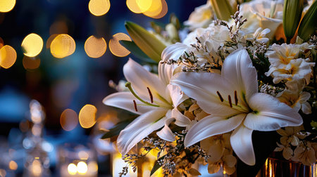 A delicate funeral flower arrangement with white lilies symbolizing purity, love, and remembrance.の素材