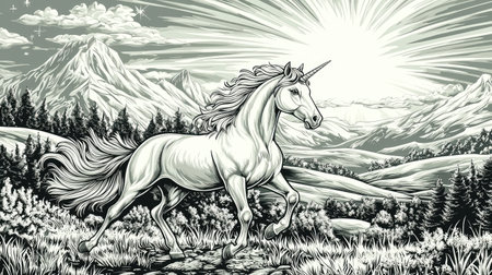 A majestic unicorn stands in a glowing mountain valley at sunrise in monochrome style.の素材