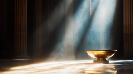 A baptismal font in a grand church interior, illuminated by ethereal light, symbolizing purity, faith, and spiritual transformation.の素材