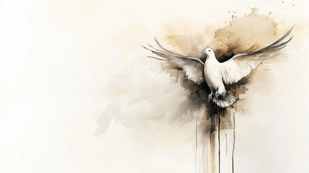 Elegant watercolor depiction of a white dove soaring in peace.の素材
