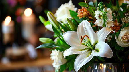 A solemn arrangement of white lilies resting on a dark wooden casket, symbolizing love, farewell, and remembrance.の素材
