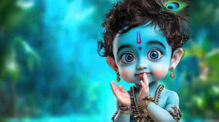 Cute little baby Krishna with big eyes and peacock feathers. A.I.の素材