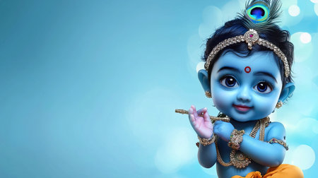 Cute little baby Krishna with big eyes and peacock feathers. A.I.の素材