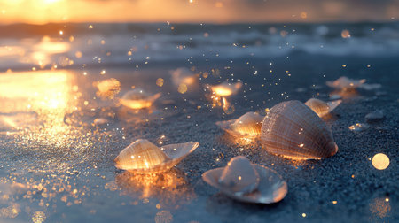 Close-up artistic image of seashells on beach sand illuminated by soft, warm golden sunlight at sunset.の素材