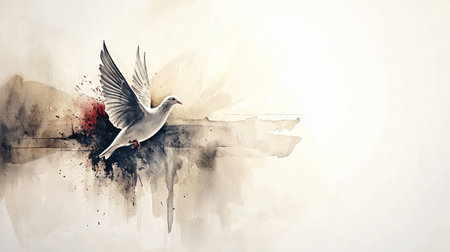 Elegant watercolor depiction of a white dove soaring in peace.の素材