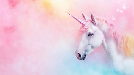 A dreamy pastel rainbow scene featuring a unicorn gently emerging from soft colorful clouds, perfect for whimsical designs.の素材
