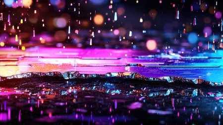 Colorful digital glitch artwork illustrating futuristic technology and big data processing.の素材