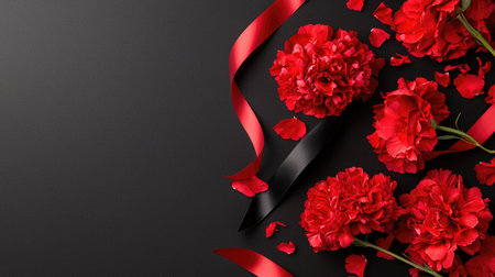 A solemn and elegant funeral banner featuring vibrant red flowers against a dark textured background, perfect for memorial services, condolences, and remembrance.の素材