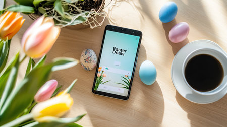 Colorful Easter-themed composition with smartphone showing deals, tulips, eggs, and a coffee mug.の素材