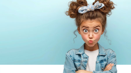 A comedic child with wide eyes, making a playful puckered face while wearing denim.の素材