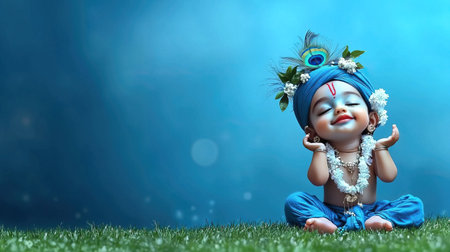 Cute little baby Krishna with big eyes and peacock feathers. A.I.の素材