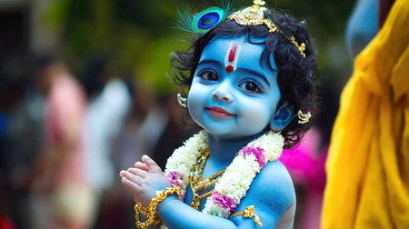 Blue baby Krishna with flower garland and gold jewelry, smiling peacefully.の素材