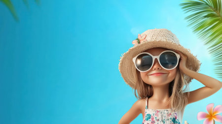 Happy young Caucasian girl in floral dress and straw hat smiles brightly with tropical flowers.の素材