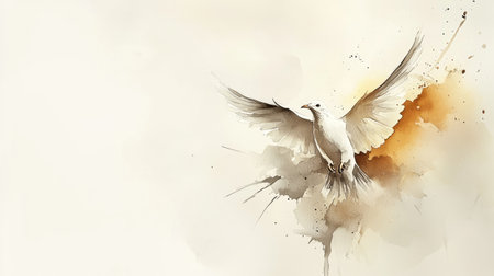 Elegant watercolor depiction of a white dove soaring in peace.の素材