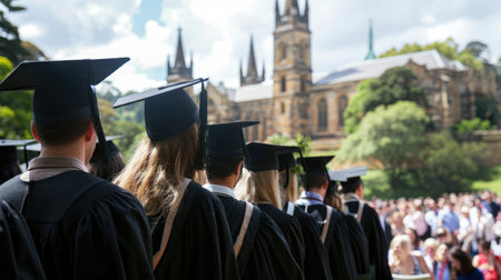 Students Attending Graduation Ceremony at Prestigious Historic University Campus. A.I.の素材