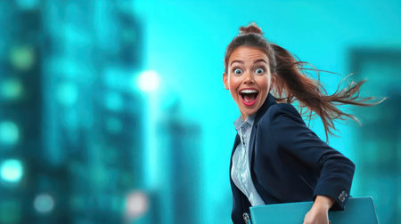A dynamic businesswoman bursting with energy as she rushes through a bustling city atmosphere.の素材