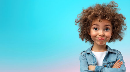 A comedic child with wide eyes, making a playful puckered face while wearing denim.の素材