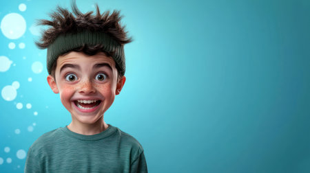 Excited boy with exaggerated eyes shows amazement on colorful background.の素材