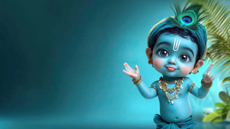 Cute little baby Krishna with big eyes and peacock feathers. A.I.の素材