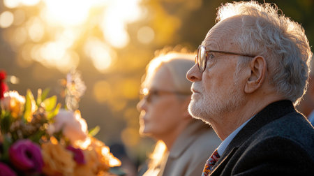 A solemn moment of an elderly couple at a funeral, reflecting on loss and remembrance with flowers in a peaceful setting.の素材