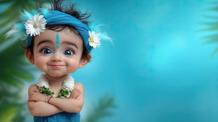 Cute little baby Krishna with big eyes and peacock feathers. A.I.の素材