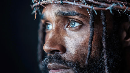 A powerful photorealistic close-up portrait of Black Jesus Christ wearing a crown of thorns, symbolizing faith, suffering, and redemption, perfect for Easter and Christian themes.の素材