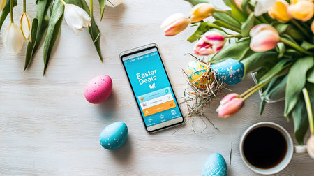 Colorful Easter-themed composition with smartphone showing deals, tulips, eggs, and a coffee mug.の素材