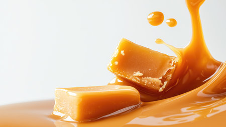 Glossy caramel cubes splash into smooth golden syrup in a delicious dessert scene.の素材