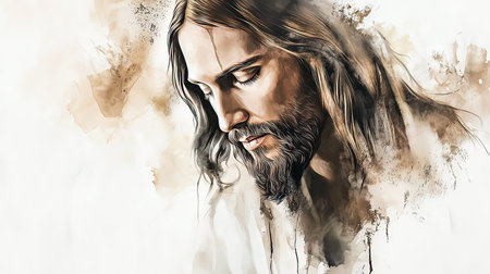 Artistic illustration of Jesus Christ looking down, evoking a peaceful and contemplative moment.の素材
